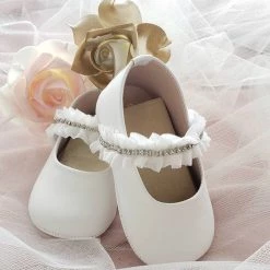 KaterinasDesigns Girls Baptismal Leather White Diamond Soft Sole Shoe