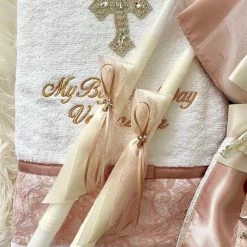 KaterinasDesigns Rose Gold Lace And Crystal Cross 2 Small Candles