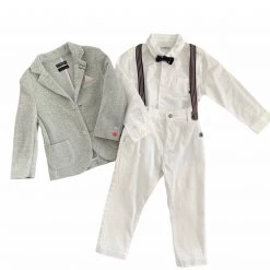 Mayoral Grey And White Suspender Baptismal Suit Boys Baptismal Outfits