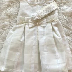 KaterinasDesigns Girls Baptismal Linen Crystal Bow Dress