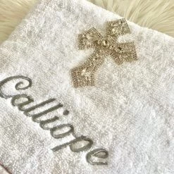 KaterinasDesigns Crystal Cross Embroidered Champagne De Fleurs Bath Towel