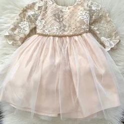 Jolene Champagne Long Sleeve Lace Baptismal Dress Girls Baptismal Outfits