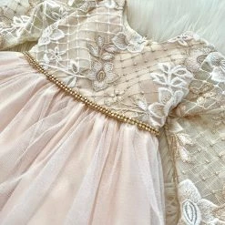Jolene Champagne Long Sleeve Lace Baptismal Dress Girls Baptismal Outfits