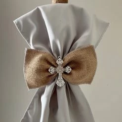 KaterinasDesigns Grey Burlap Upright Bow Crystal Cross Lambatha Boys Baptismal
