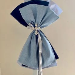 KaterinasDesigns Boys Baptismal Blue And Navy Crystal Cross Upright Bow Lambatha