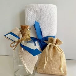 KaterinasDesigns Burlap And Blue Oil Bottle Set