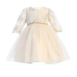 Jolene Champagne Long Sleeve Lace Baptismal Dress Girls Baptismal Outfits