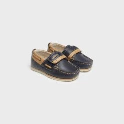 Mayoral Leather Navy Blue And Tan Boat Shoe